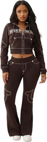 True Religion Women's Anniversary Big T Shrunken Hoodie – Cropped Pullover with Contrast Stitching in Saudi Arabia