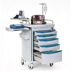 Pochar Medical Crash Cart with Emergency Accessory - Cardiac Board, IV Pole, O2 Holder, Power Strip, Trash Bin, Drawers with Dividers - Mobile Emergency Cart for Hospitals and Clinics in Saudi Arabia