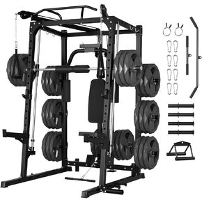 Garvee 2000LBS Smith Machine Home Gym, Multi-Function Power Cage Squat Rack with Cable Crossover & LAT Pulldown, Strength Training Equipment with 8 Weight Storage Pins and More (Plates Not Included) in Saudi Arabia