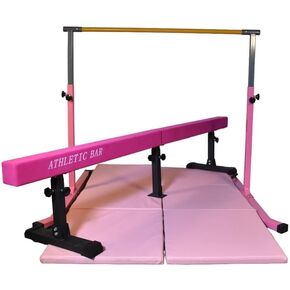 Iron Bar Gymnastics Bar Horizontal Bar 5 FT Height Adjustable Kip Bar Full Set + 6 FT x 4 FT Tumble Mat + 8 FT Adjustable Balance Beam for Kids Gymnasts, Boys Girls Home Gymnastic Training Set Pink in Saudi Arabia