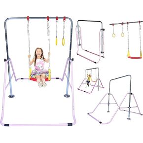 Gymnastics Training Bar for Kids Home Expandable Folding Kip Bar 4 in 1 Set with Swing Seat, 2 Trapeze Rings | Horizontal Bar Junior Gymnastic Equipment Height Adjustable Monkey Bars Jungle Gym Pink in Saudi Arabia