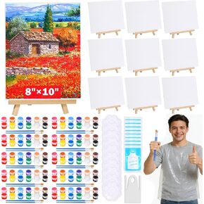 10Pack 8x10 Inch Canvas and Easel Set, Art Canvas Boards Bulk with Easel Stand, Mini Acrylic Paint & Brushes Set, Paint Trays, Sip and Paint Kit for Adults Kids Couples Day Night Paint Party in Kuwait