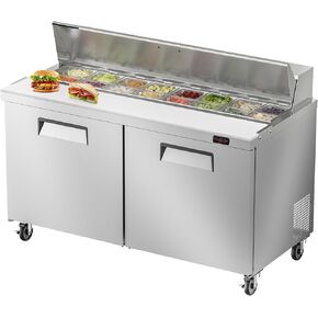 60" W Commercial Refrigerator Sandwich Salad Prep Table, Stainless Steel 2-Door Sandwich Prep Table Refrigerator, Counter Fan Cooling Refrigerator with 16 Pans for Restaurant, Bar in Kuwait
