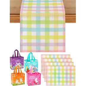 Easter Table Runner (13"x72") with 4 Placemats (12"x18") & 4 Gift Bags, Thick Fabric Pastel Buffalo Plaid Easter Decorations for Farmhouse Kitchen Dining Room Spring Party in Kuwait