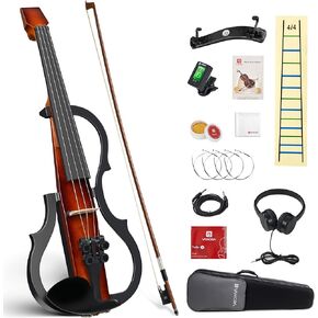 Vangoa Electric Violin 4/4 Full Size, Solid Wood Ebony Silent Violin with Professional Pickup & 3-Band EQ, Headless Lightweight Design, Beginner to Professional Electric Violin Kit, Brown in Kuwait