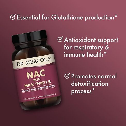 Dr. Mercola NAC with Milk Thistle - with Antioxidants - Supports Normal Detoxification Processes - 500 mg N-Acetyl-Cysteine per Serving - Non-GMO, Gluten-Free & Soy Free - 60 Capsules (30 Servings) in Saudi Arabia