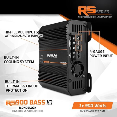 PRV AUDIO 900 Watts Mono Subwoofer Car Audio Amplifier RS900 BASS 1 Ohm – 12 Volts Monoblock Class D Amp, Built-in Crossover & Bass Boost with High Level Inputs in Saudi Arabia