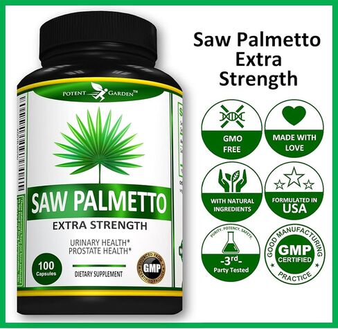 Potent Garden Saw Palmetto 500 mg - مكملات البروستاتا للرجال - يدعم تردد وتدفق التبول الصحي - غير معدل وراثيًا، 100 كبسولة بالميتو المنشاري in Kuwait