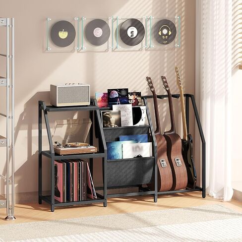 Guitar Stand, Guitar Rack for 3 Acoustic Guitar, Bass, Electric Guitar, Ukulele, Banjo, Turntable, Vinyl Records and Amp Accessories, for Music Studios, Black in Kuwait