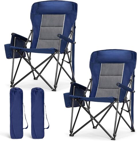 LET'S CAMP Oversized Camping Chairs 29.52" High Back Heavy Duty Lawn Chair Support 500LBS, Portable Collapsible Chair with Cup Holder, Side Pocket(Blue) in Kuwait