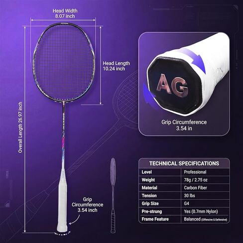 مجموعة مضارب كرة الريشة من ألياف الكربون، مجموعة مضارب كرة الريشة الاحترافية (5UG4) - مثبتة مسبقًا، تتضمن مضاربين خفيفي الوزن مع حقيبة حمل لألعاب الفناء الخلفي للعائلة والبالغين والمبتدئين in Kuwait