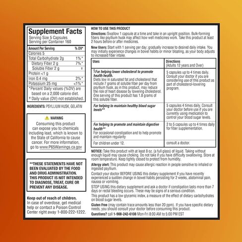 Psyllium Husk Fiber 520mg Capsules Supplement Soluble Dietary Colon Support for Women and Men, Restore Digestive Regularity and Balance (800 Count) in Kuwait