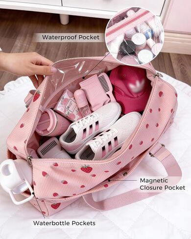 Hihealer Strawberry Gym Bag for Women & Girls, Corduroy Yoga Mat Bag with Holder, Large Capacity Dance Duffel Bag for Pilates, Travel Weekender Bag with Wet Pocket in Kuwait