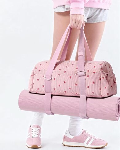 Hihealer Strawberry Gym Bag for Women & Girls, Corduroy Yoga Mat Bag with Holder, Large Capacity Dance Duffel Bag for Pilates, Travel Weekender Bag with Wet Pocket in Kuwait