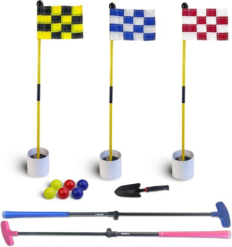 Golf Flagstick Mini, Putting Green Flag for Yard Beach Low Tide Play, All 3 Feet, Golf Pin Flag Hole Cup Set, 2 Adjustable Putters, 3 Flags & Hole Cups, 6 Balls, Carry Bag& Shovel, Ideal Gifts in Saudi Arabia