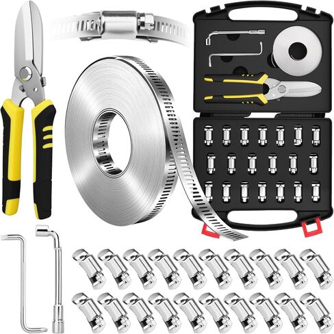 Hose Clamps Stainless Steel DIY Kit, 32.81FT Custom Metal Strap with 20 Stronger Fasteners, 8.5" Tin Snips, Worm Gear Clamp for Plumbing Auto Fuel Line in Saudi Arabia