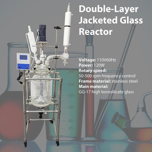 20L Jacketed Glass Reactor, Double-Layer Lab Reactor with Digital Display & 50-500 RPM Speed Control, 110V High Borosilicate Glass Vessel for Chemical Reaction, Distillation & Synthesis in Kuwait