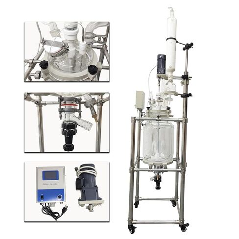 20L Jacketed Glass Reactor, Double-Layer Lab Reactor with Digital Display & 50-500 RPM Speed Control, 110V High Borosilicate Glass Vessel for Chemical Reaction, Distillation & Synthesis in Kuwait