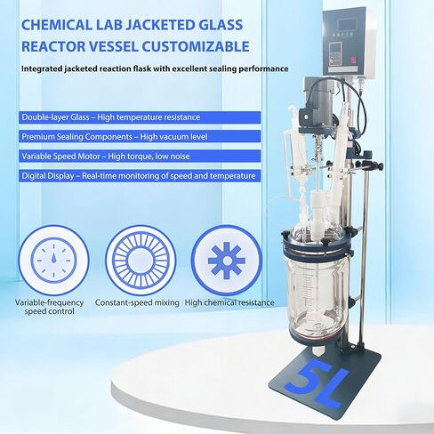 5L Jacketed Glass Reactor, Double Layer Lab Reactor with Digital Display & 0-600 RPM, 220V High Borosilicate Glass Vessel for Chemical Synthesis, Distillation and Extraction in Kuwait
