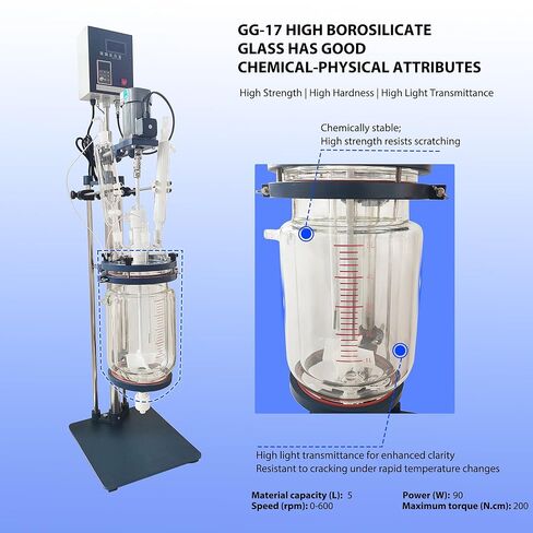 5L Jacketed Glass Reactor, Double Layer Lab Reactor with Digital Display & 0-600 RPM, 220V High Borosilicate Glass Vessel for Chemical Synthesis, Distillation and Extraction in Kuwait