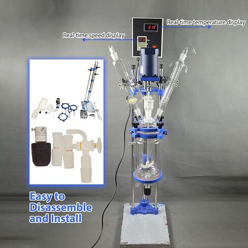 5L Jacketed Glass Reactor, Double Layer Lab Reactor with Digital Display & 0-600 RPM, 220V High Borosilicate Glass Vessel for Chemical Synthesis, Distillation and Extraction in Kuwait