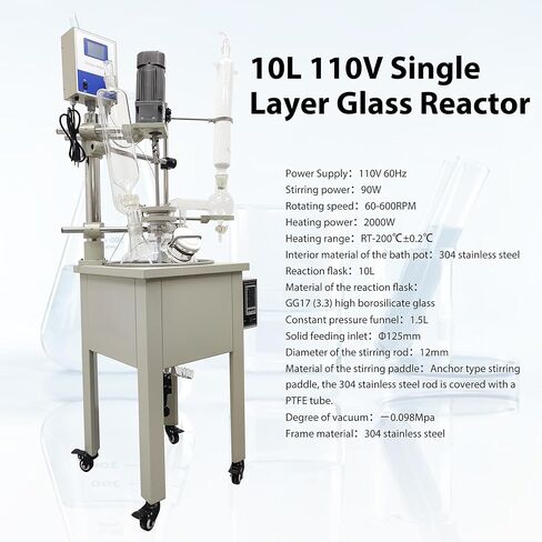 10L Single Layer Glass Reactor, 110V Lab Jacketed Glass Reactor & Chemical Reaction Vessel with Heating, Stirring, Digital Display Function, for Distillation, Mixing in Chemistry Labs in Kuwait