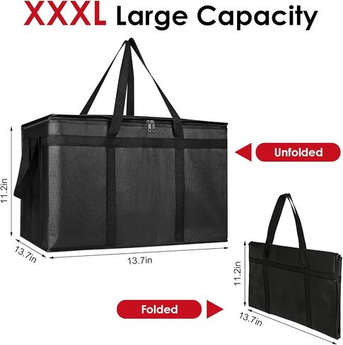 3 عبوات من الحقائب المعزولة مقاس XXXL لتوصيل الطعام مع قاعدة صلبة قابلة للإزالة، سعة كبيرة وحقيبة تقديم طعام شديدة التحمل، قابلة للطي وإعادة الاستخدام، حقائب بقالة لتقديم الطعام والتسوق والسفر in Kuwait