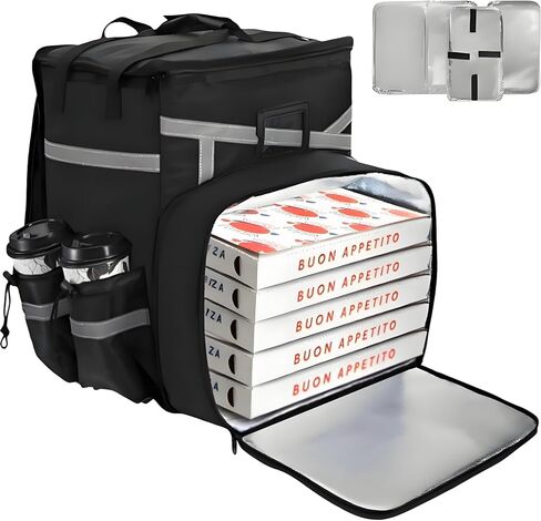 Food Delivery Backpack, Expandable Insulated Pizza Bag with 4 Cup Holders, Large Waterproof Catering Bag with Reflective Strip Support Boards for Delivery Bike, Doordash in Saudi Arabia