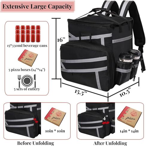 Food Delivery Backpack, Expandable Insulated Pizza Bag with 4 Cup Holders, Large Waterproof Catering Bag with Reflective Strip Support Boards for Delivery Bike, Doordash in Saudi Arabia