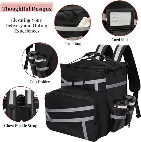 Food Delivery Backpack, Expandable Insulated Pizza Bag with 4 Cup Holders, Large Waterproof Catering Bag with Reflective Strip Support Boards for Delivery Bike, Doordash in Saudi Arabia