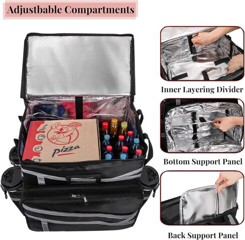 Food Delivery Backpack, Expandable Insulated Pizza Bag with 4 Cup Holders, Large Waterproof Catering Bag with Reflective Strip Support Boards for Delivery Bike, Doordash in Saudi Arabia