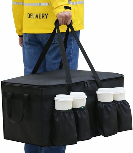 Bodaon Insulated Grocery Bags with 4 Cup Holders -Insulated Bags for Food Delivery with Zippered Top, Food Carrier for Catering, Pizza Bag and Cooler Bag for Takeout, Picnic, Shopping, Car Use in Saudi Arabia