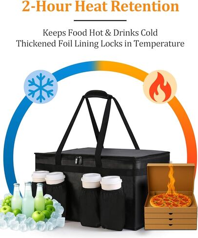 Bodaon Insulated Grocery Bags with 4 Cup Holders -Insulated Bags for Food Delivery with Zippered Top, Food Carrier for Catering, Pizza Bag and Cooler Bag for Takeout, Picnic, Shopping, Car Use in Saudi Arabia