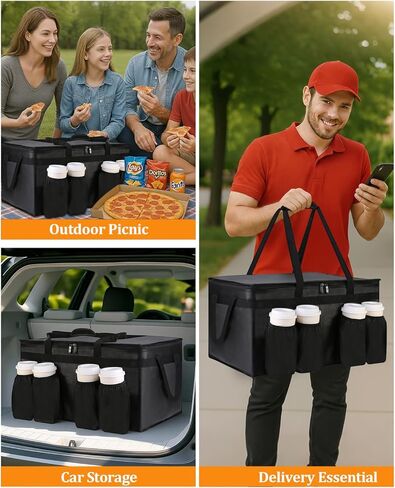 Bodaon Insulated Grocery Bags with 4 Cup Holders -Insulated Bags for Food Delivery with Zippered Top, Food Carrier for Catering, Pizza Bag and Cooler Bag for Takeout, Picnic, Shopping, Car Use in Saudi Arabia