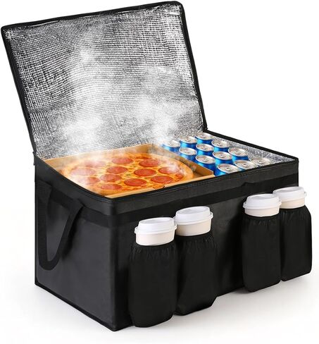 Bodaon Insulated Grocery Bags with 4 Cup Holders -Insulated Bags for Food Delivery with Zippered Top, Food Carrier for Catering, Pizza Bag and Cooler Bag for Takeout, Picnic, Shopping, Car Use in Kuwait