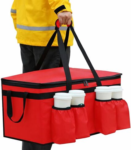 Bodaon Insulated Grocery Bags with 4 Cup Holders -Insulated Bags for Food Delivery with Zippered Top, Food Carrier for Catering, Pizza Bag and Cooler Bag for Takeout, Picnic, Shopping, Car Use in Saudi Arabia