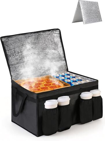 Bodaon Insulated Grocery Bags with 4 Cup Holders -Insulated Bags for Food Delivery with Zippered Top, Food Carrier for Catering, Pizza Bag and Cooler Bag for Takeout, Picnic, Shopping, Car Use in Saudi Arabia