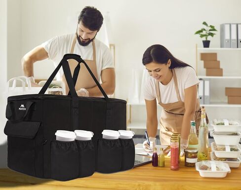 حقيبة توصيل الطعام المعزولة من MATEIN، حقيبة تقديم الطعام الحرارية مقاس XXXL للأطعمة الساخنة والباردة، حاملات توصيل البيتزا القابلة للطي مقاومة للماء للنقل مع 4 حاملات أكواب وقاعدة معززة، أسود in Kuwait