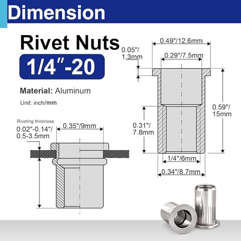 1/4-20 Aluminum Rivet Nuts, Threaded Inserts Rivnuts UNC Nutsert 28 Pcs in Kuwait