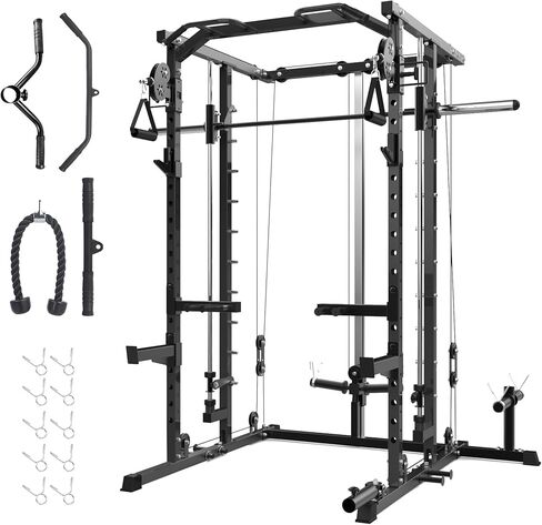 GarveeLife Power Cage, Smith Machine Squat Rack, Heavy Duty Power Rack for Home Gym with Pulley System, Dip Bar, LAT Pulldown, Multifunctional Squat Rack for Home Gym in Saudi Arabia