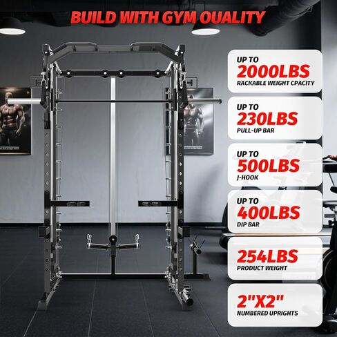 GarveeLife Power Cage, Smith Machine Squat Rack, Heavy Duty Power Rack for Home Gym with Pulley System, Dip Bar, LAT Pulldown, Multifunctional Squat Rack for Home Gym in Saudi Arabia