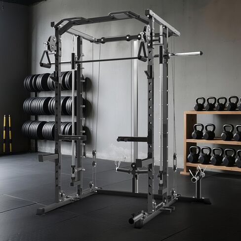 GarveeLife Power Cage, Smith Machine Squat Rack, Heavy Duty Power Rack for Home Gym with Pulley System, Dip Bar, LAT Pulldown, Multifunctional Squat Rack for Home Gym in Saudi Arabia
