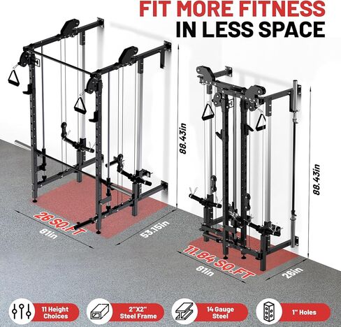 GarveeLife Wall Mount Smith Machine, Folding Power Rack with Independent Dual Pulley System, Multi-Function Squat Rack, Heavy Duty Power Cage Workout Equipment for Home Gym Strength Training in Saudi Arabia