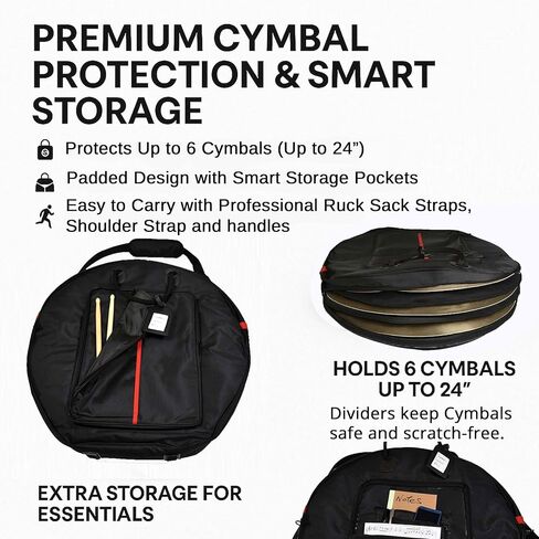 حقيبة الصنج الاحترافية مقاس 24 بوصة مكونة من 6 عبوات مع فواصل مبطنة - قاعدة مقاومة للثقب، مع سحابات YKK التجارية مع عصي الطبول، وجيب الملحقات (حقيبة الظهر) in Kuwait