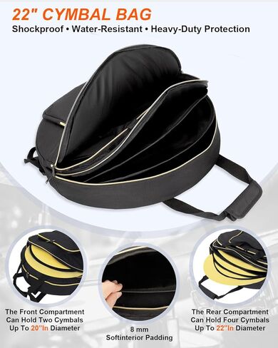 22" Cymbal Bag - Double-Layer Cymbal Gig Bag With Shoulder Strap & Handle 8mm Dual Padded Divider, Multi-Compartment Cymbal Soft Case, Stores Drum Cymbals & Accessories, Perfect for Gigs & Travel in Kuwait