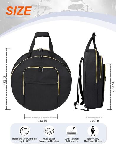 22" Cymbal Bag - Double-Layer Cymbal Gig Bag With Shoulder Strap & Handle 8mm Dual Padded Divider, Multi-Compartment Cymbal Soft Case, Stores Drum Cymbals & Accessories, Perfect for Gigs & Travel in Kuwait