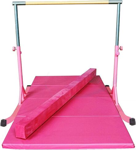 Expandable Gymnastics Kip Bar Set with Balance Beam, 6'x4' Mat for Kids, Horizontal Bar Junior Gymnastic Training Exercise Gymnast Home Gym Adjustable 3 to 5 FT Fiberglass Rail (Pink) in Saudi Arabia