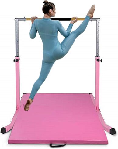 Expandable Gymnastics Kip Bar Set with Balance Beam, 6'x4' Mat for Kids, Horizontal Bar Junior Gymnastic Training Exercise Gymnast Home Gym Adjustable 3 to 5 FT Fiberglass Rail (Pink) in Saudi Arabia