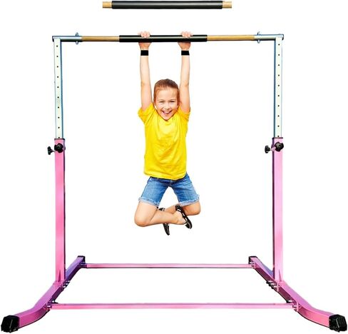 Expandable Gymnastics Kip Bar Set with Balance Beam, 6'x4' Mat for Kids, Horizontal Bar Junior Gymnastic Training Exercise Gymnast Home Gym Adjustable 3 to 5 FT Fiberglass Rail (Pink) in Saudi Arabia