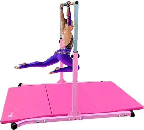 Expandable Gymnastics Kip Bar Set with Balance Beam, 6'x4' Mat for Kids, Horizontal Bar Junior Gymnastic Training Exercise Gymnast Home Gym Adjustable 3 to 5 FT Fiberglass Rail (Pink) in Saudi Arabia